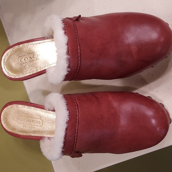 Coach-Georgia waxy leather mules.  Whiskey with soft lining and wood heel.  7. - Picture 2 of 15